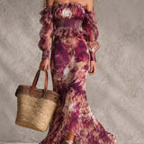 Vestido Maxi de Satén Floral Romântico Rosa