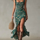 Vestido maxi com estampa Bohemian em verde e mangas bufantes