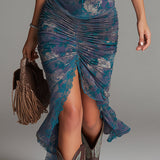 Vestido Midi com Impressão Floral em Azul e Renda