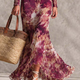 Vestido Maxi de Satén Floral Romântico Rosa
