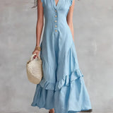 Vestido feminino minimalista de renda em algodão e linho