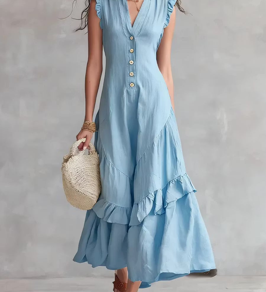 Vestido feminino minimalista de renda em algodão e linho