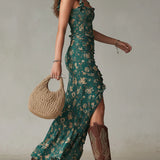 Vestido maxi com estampa Bohemian em verde e mangas bufantes