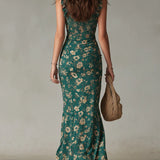 Vestido maxi com estampa Bohemian em verde e mangas bufantes