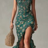 Vestido maxi com estampa Bohemian em verde e mangas bufantes