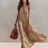 Vestido Maxi Fluido Sem Costas com Estampa Floral Casual e Franjas