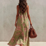 Vestido Maxi Fluido Sem Costas com Estampa Floral Casual e Franjas