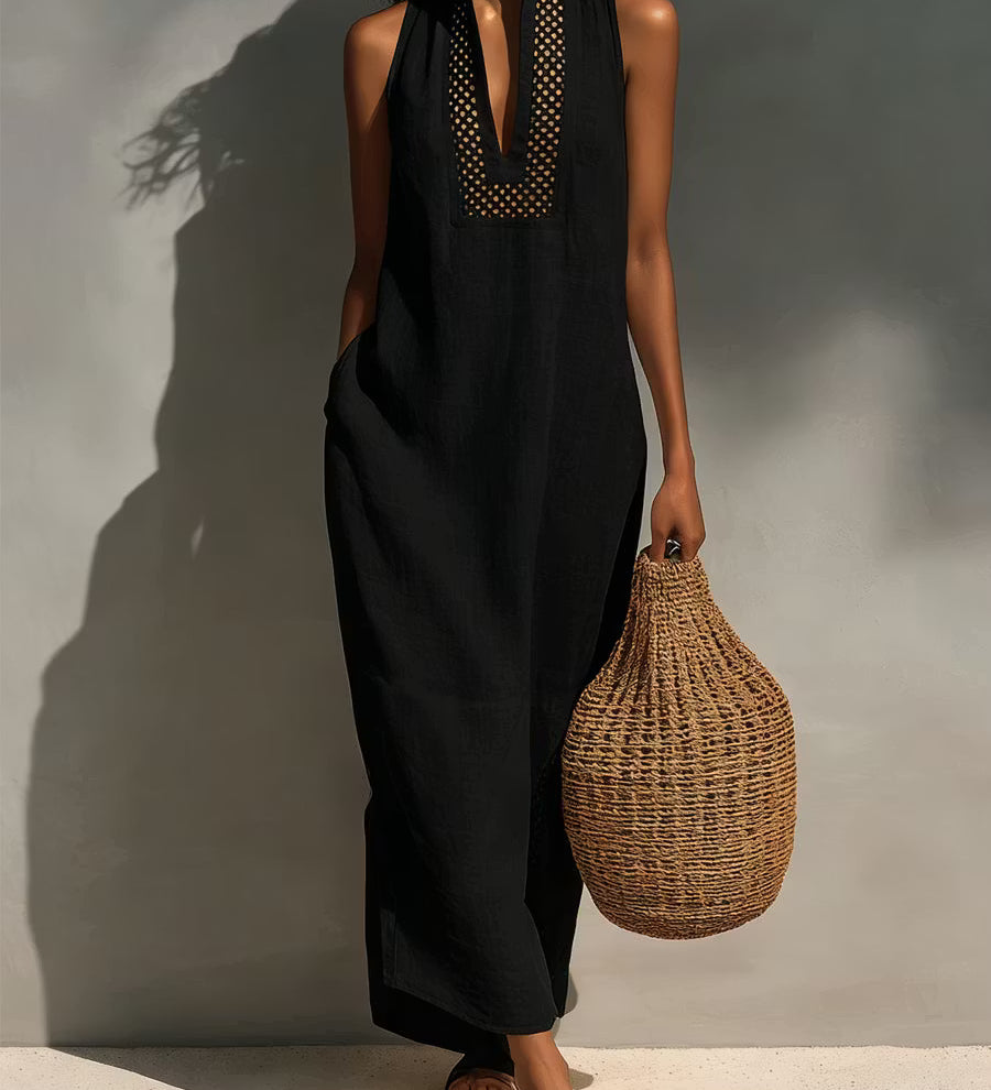 Vestido maxi feminino minimalista sem mangas com decote vazado