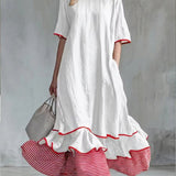Vestido midi listrado patchwork feminino – Vestido casual vermelho de verão