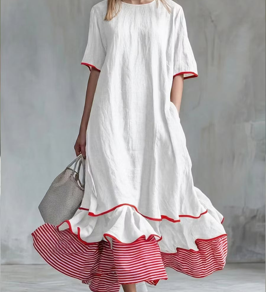 Vestido midi listrado patchwork feminino – Vestido casual vermelho de verão