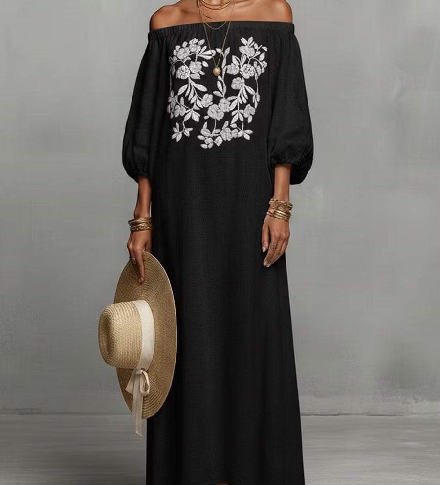 Vestido feminino casual de linho com mangas compridas e gola redonda.