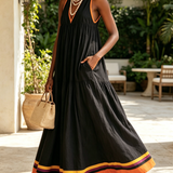 Federica | Vestido maxi preto com babados e borda laranja e bainha multicolorida