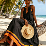 Federica | Vestido maxi preto com babados e borda laranja e bainha multicolorida