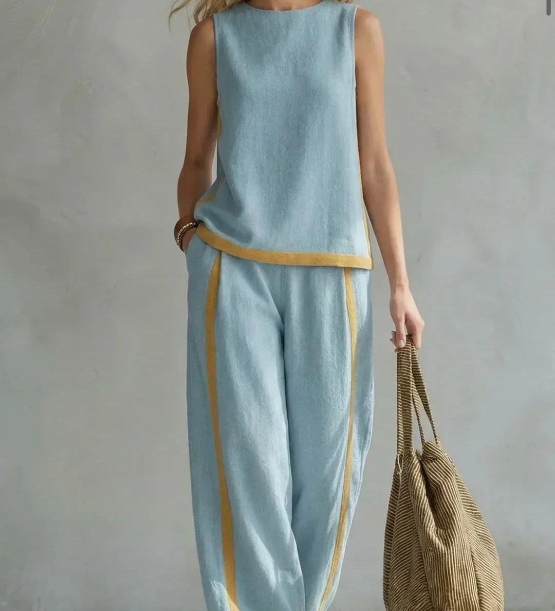 Ursula – Conjunto de colete e calças chic-descontraído com acabamentos bicolores