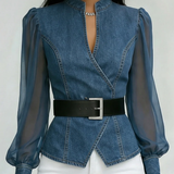Zaya™ - Blusa Jeans com Mangas de Chiffon Fluido
