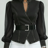Zaya™ - Blusa Jeans com Mangas de Chiffon Fluido