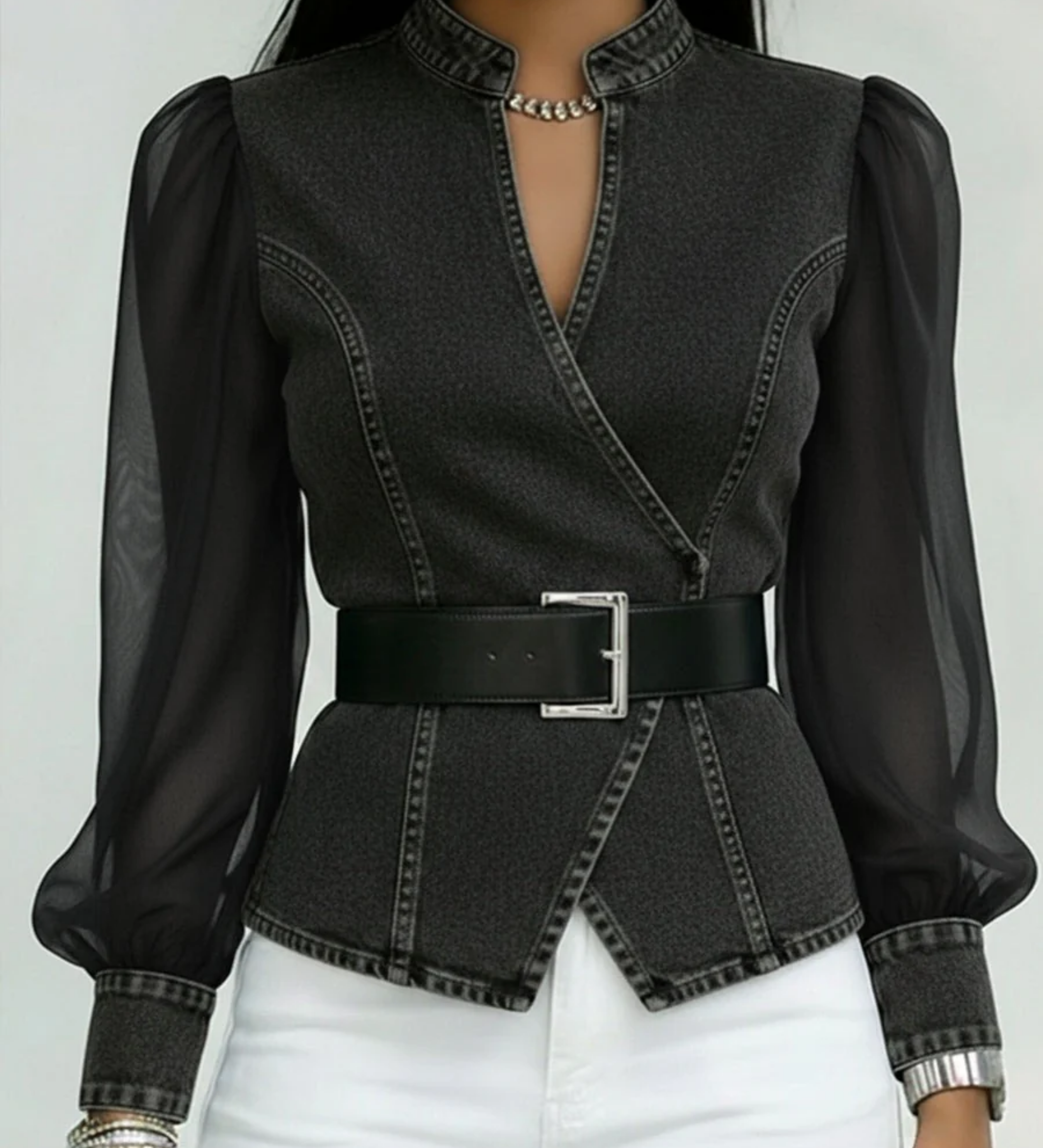 Zaya™ - Blusa Jeans com Mangas de Chiffon Fluido