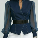 Zaya™ - Blusa Jeans com Mangas de Chiffon Fluido
