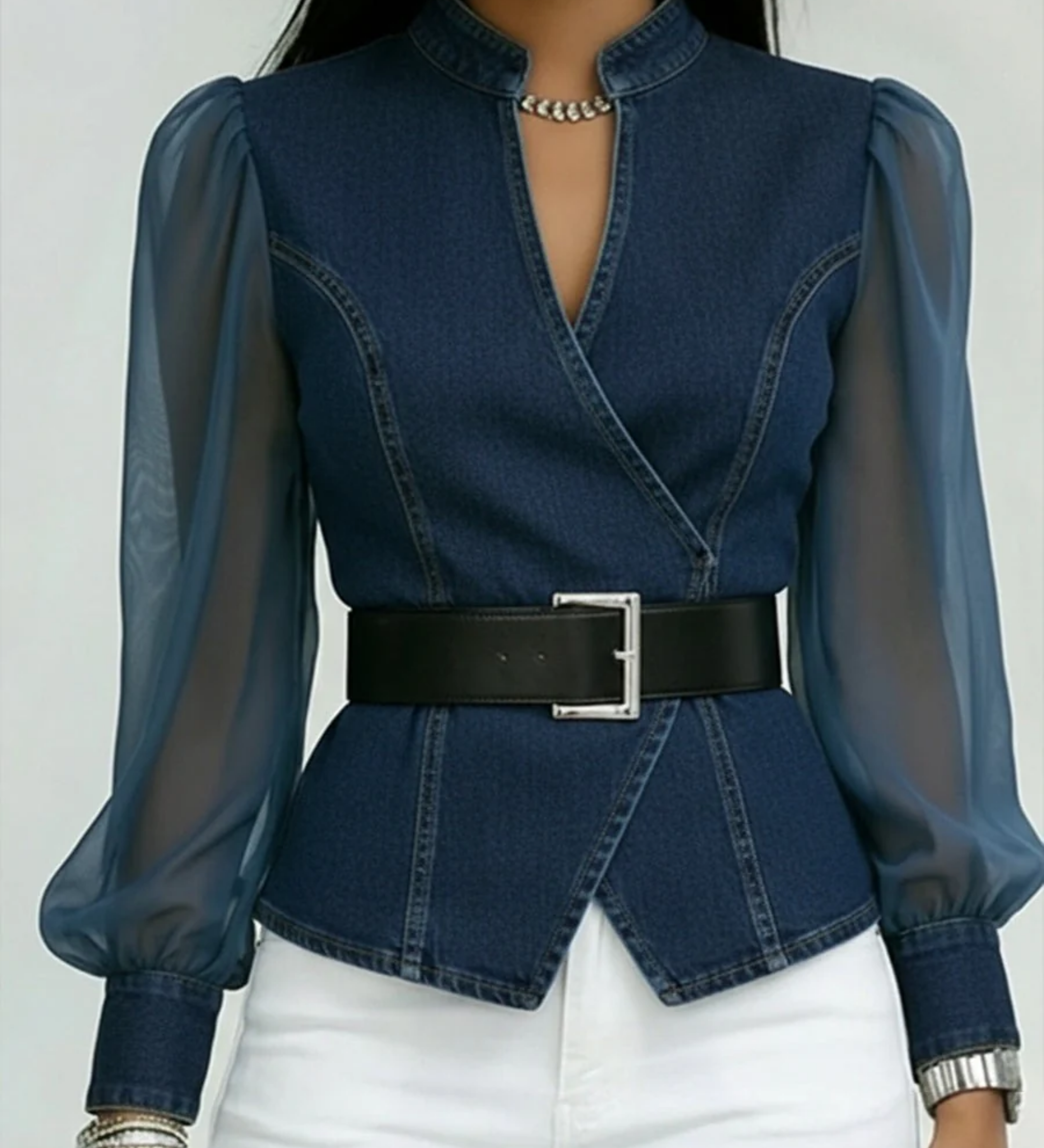 Zaya™ - Blusa Jeans com Mangas de Chiffon Fluido