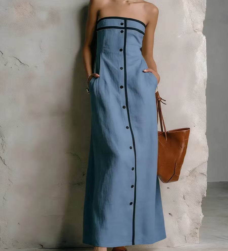 Vestido feminino simples listrado sem alças em algodão e linho