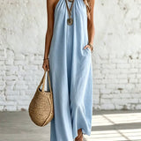 Vestido feminino casual, folgado, sem mangas, com decote halter, em linho e algodão
