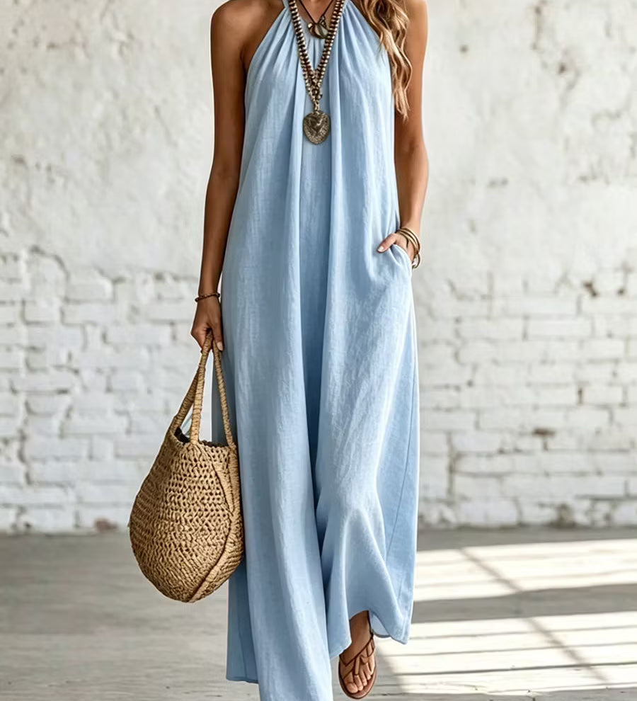 Vestido feminino casual, folgado, sem mangas, com decote halter, em linho e algodão