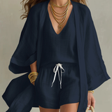 Camila | Conjunto de Cardigan e Calções de Três Peças em Poliéster-Linho