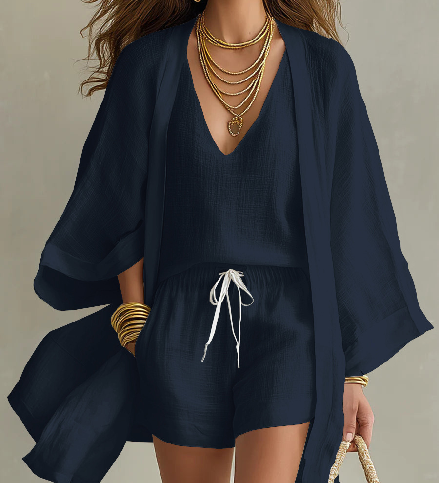 Camila | Conjunto de Cardigan e Calções de Três Peças em Poliéster-Linho