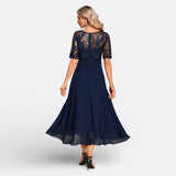 Mariana - Vestido Azul Escuro Renda Manga Curta