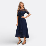 Mariana - Vestido Azul Escuro Renda Manga Curta