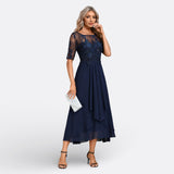 Mariana - Vestido Azul Escuro Renda Manga Curta