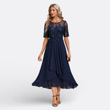 Mariana - Vestido Azul Escuro Renda Manga Curta