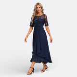 Mariana - Vestido Azul Escuro Renda Manga Curta