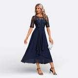 Mariana - Vestido Azul Escuro Renda Manga Curta