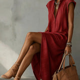 Vestido midi feminino em algodão e linho com gola franzida – Vestido elegante para o verão