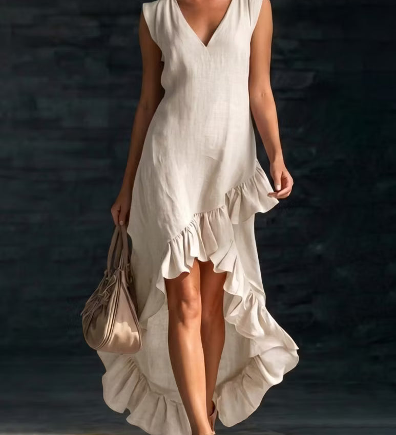 Vestido longo romântico de linho e algodão com decote em V e barra franzida