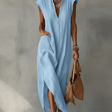 Vestido midi feminino em algodão e linho com gola franzida – Vestido elegante para o verão