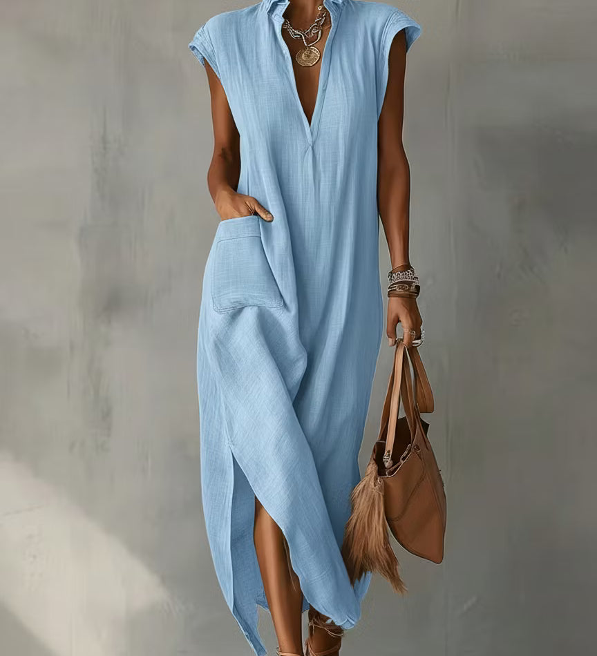 Vestido midi feminino em algodão e linho com gola franzida – Vestido elegante para o verão