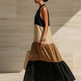 Vestido longo elegante com blocos de cores artísticos