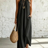 Vestido feminino casual, folgado, sem mangas, com decote halter, em linho e algodão