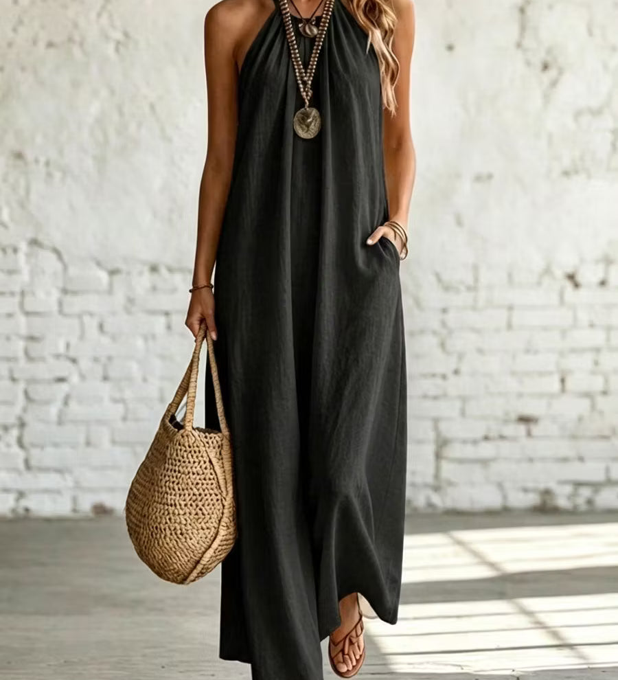 Vestido feminino casual, folgado, sem mangas, com decote halter, em linho e algodão