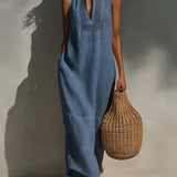 Vestido maxi feminino minimalista sem mangas com decote vazado