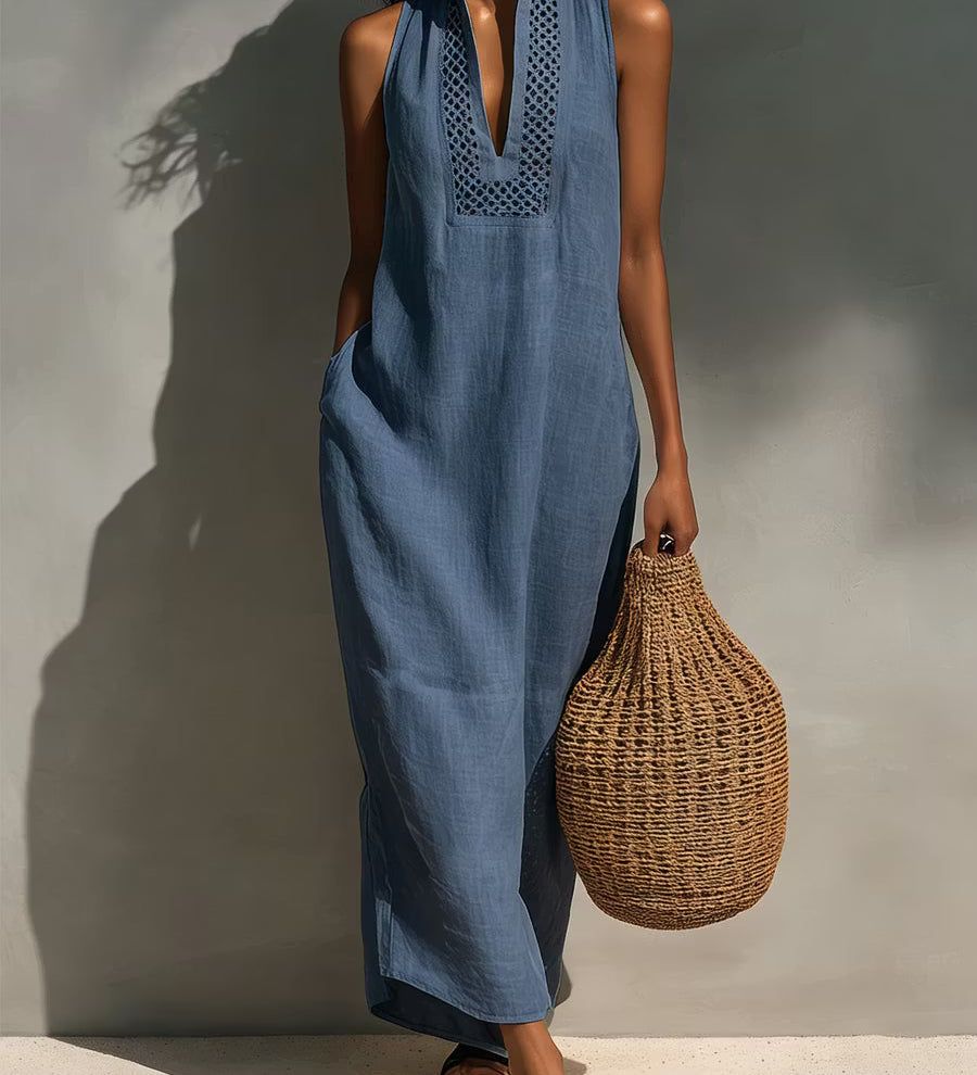 Vestido maxi feminino minimalista sem mangas com decote vazado