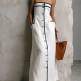 Vestido feminino simples listrado sem alças em algodão e linho