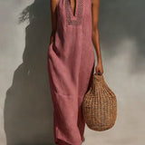 Vestido maxi feminino minimalista sem mangas com decote vazado