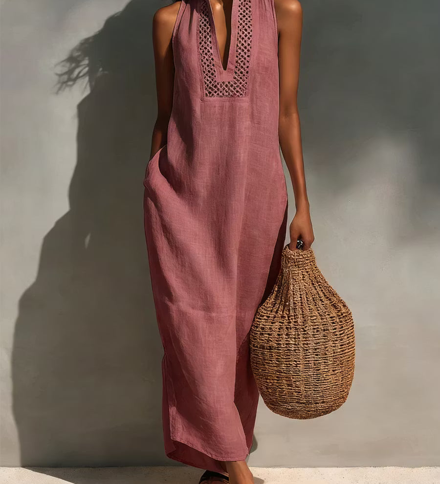 Vestido maxi feminino minimalista sem mangas com decote vazado