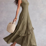 Vestido feminino minimalista de renda em algodão e linho