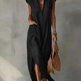 Vestido midi feminino em algodão e linho com gola franzida – Vestido elegante para o verão