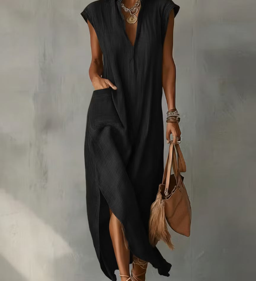 Vestido midi feminino em algodão e linho com gola franzida – Vestido elegante para o verão