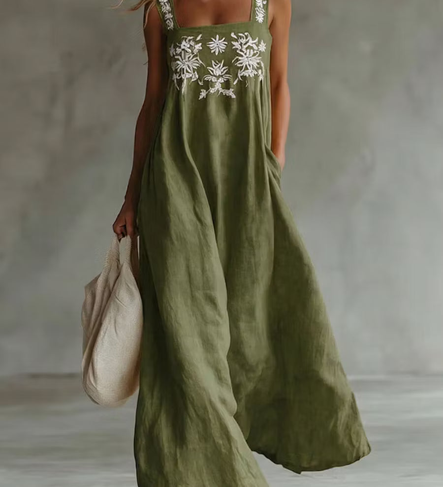 Vestido casual boêmio com estampa floral em algodão e linho